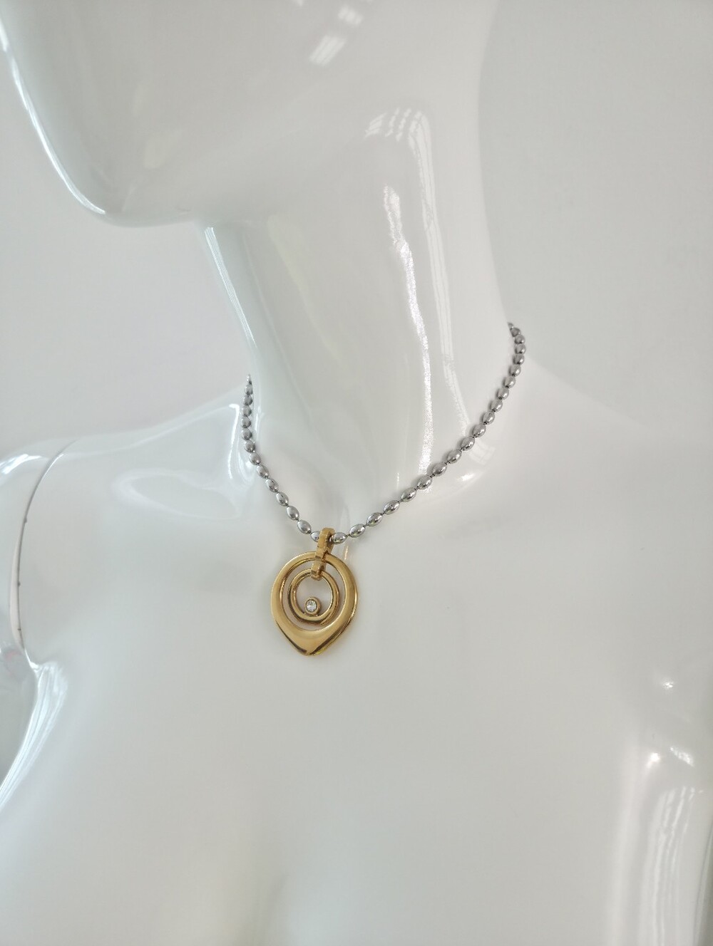 ​Gold & Silver Spiral Circle Pendant Necklace Clear Rhinestone - Picture 11 of 13